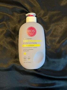 eos 24H Moisture Body Lotion - White Bottle with Pink Logo and Yellow Accent
